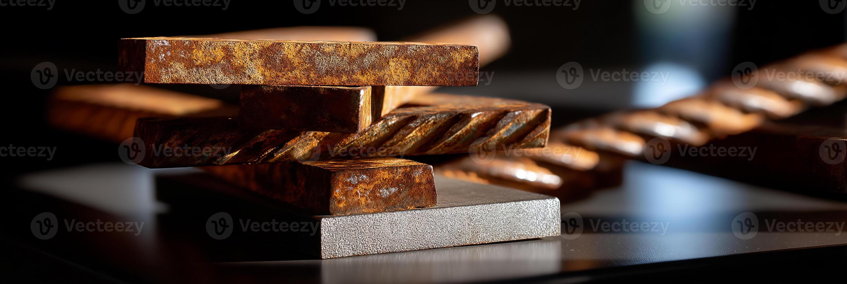 Rusty metal blocks stacked on a surface photo