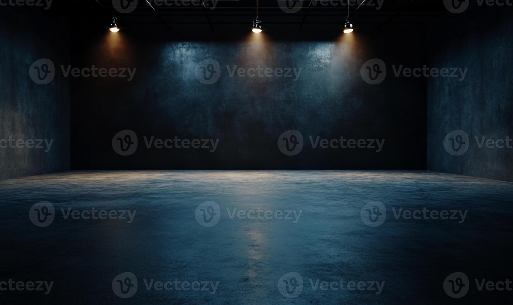 Dark, industrial space with spotlights. Empty room with rough concrete walls and floor photo
