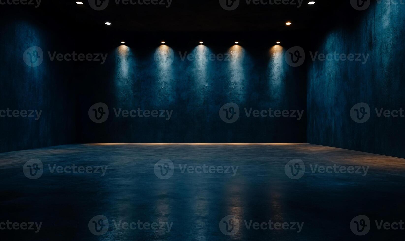 Dark, moody empty space with spotlights. Concrete walls and floor. Dramatic lighting photo