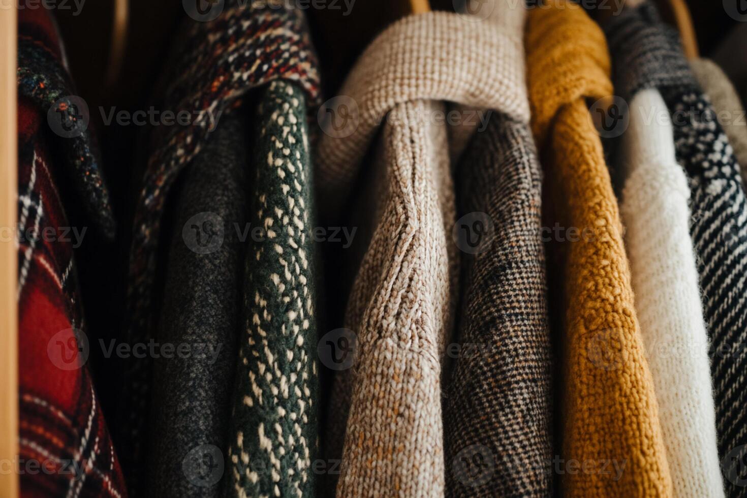 Colorful fall sweaters and jackets on hangers photo