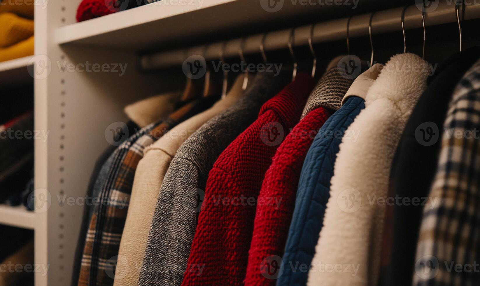 A closet with many different colored sweaters photo