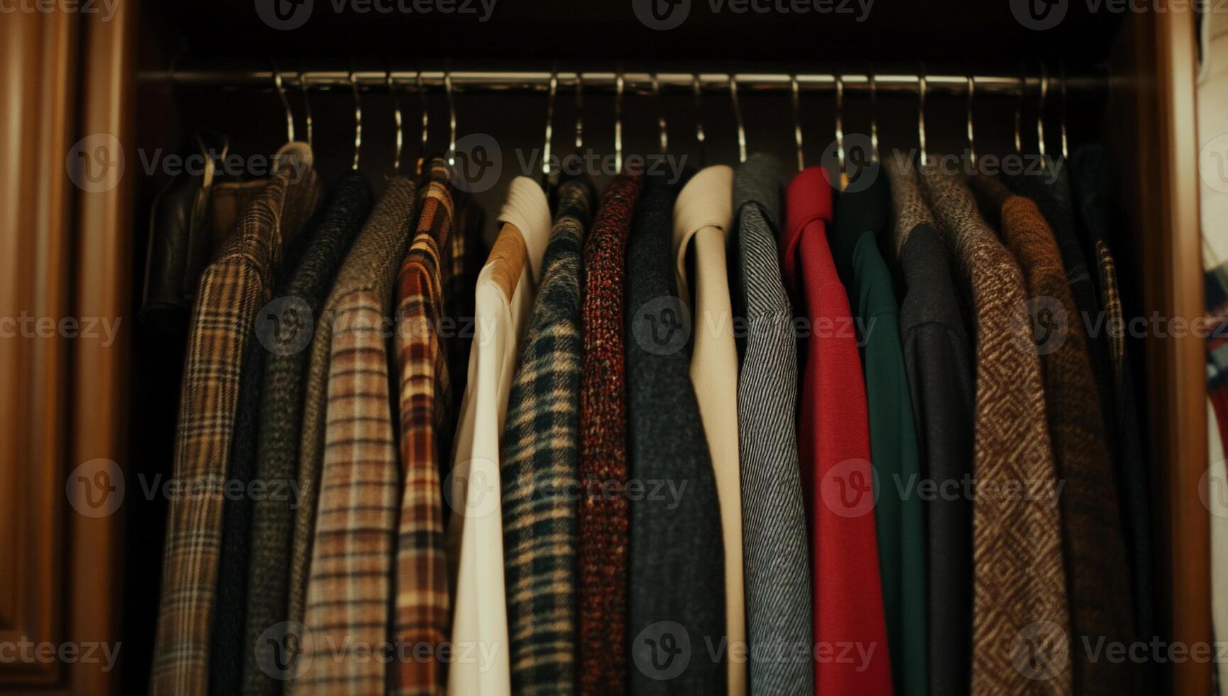 Clothes neatly hanging in a dark wooden closet. Variety of colors and patterns photo