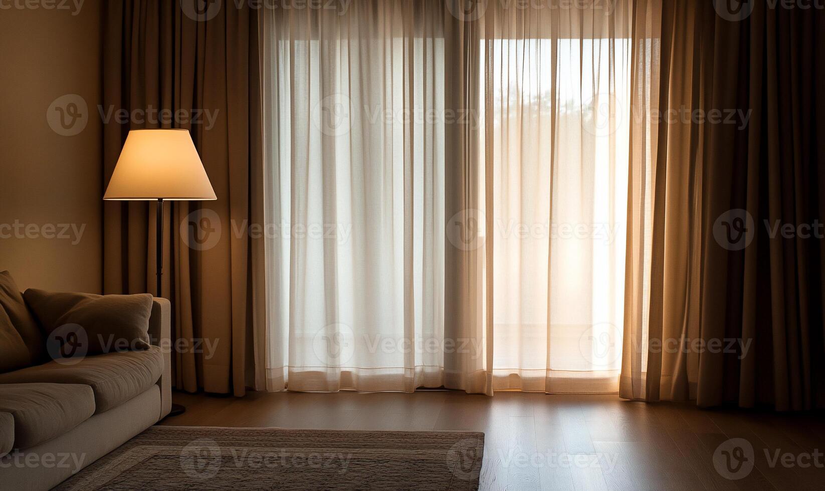 Cozy living room with soft lighting and sheer curtains photo