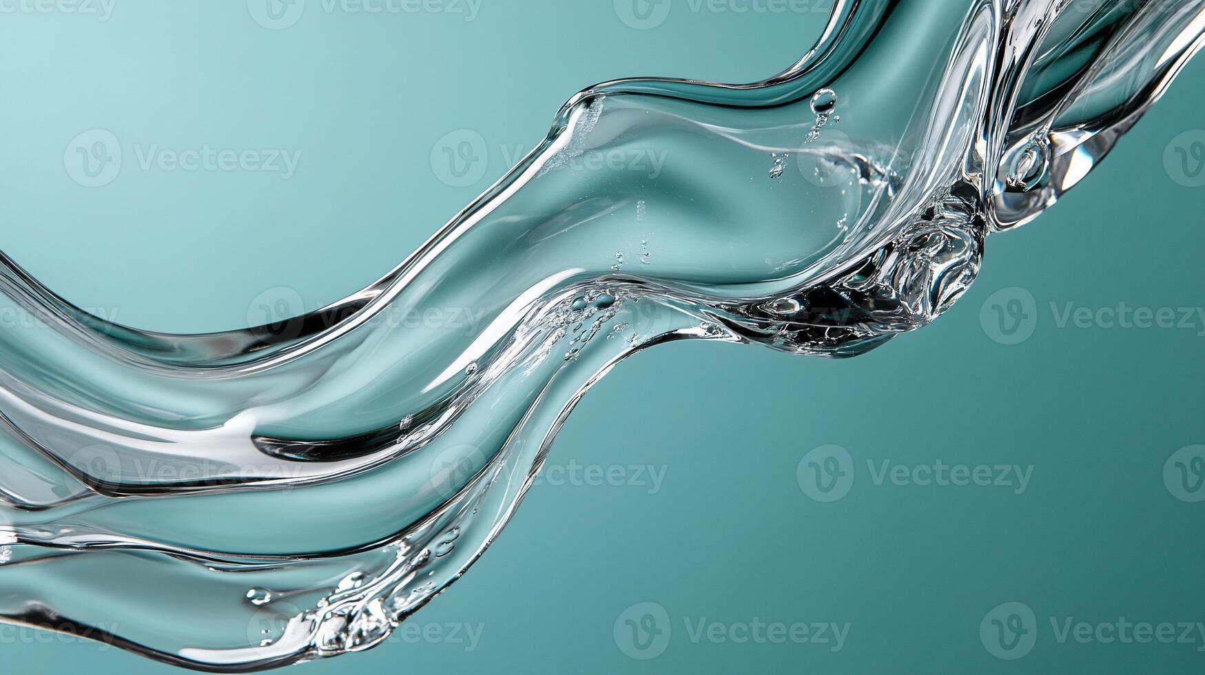 Fluid, translucent teal liquid flows in elegant curves against a muted background photo