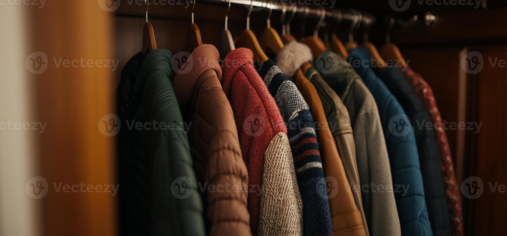 Assorted jackets hanging in a closet photo