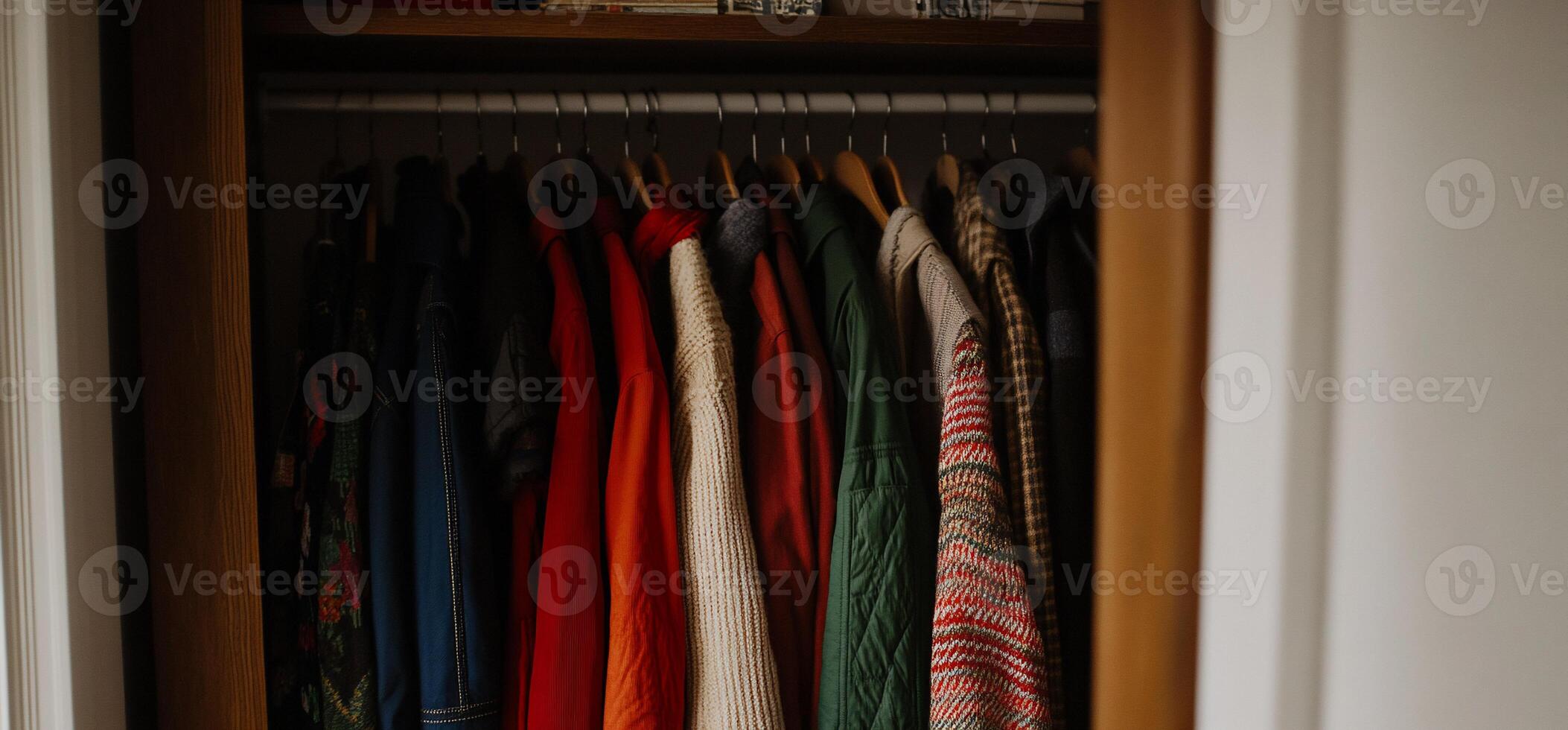 Colorful clothes hanging in a closet photo