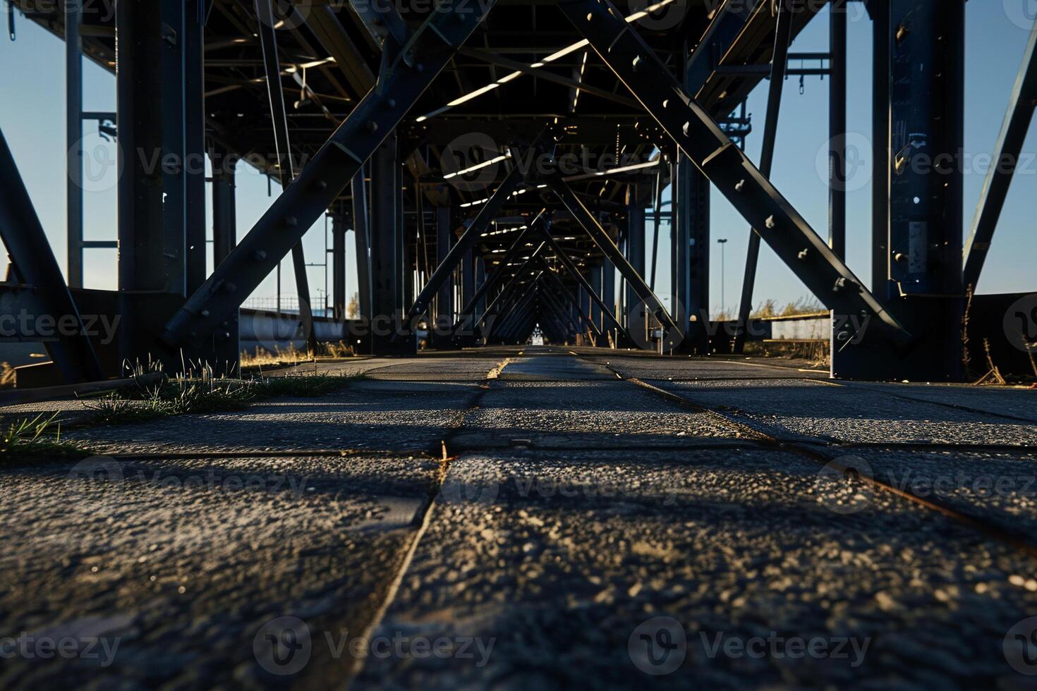 Perspective view of metal bridge's underside. Concrete path stretches into distance photo