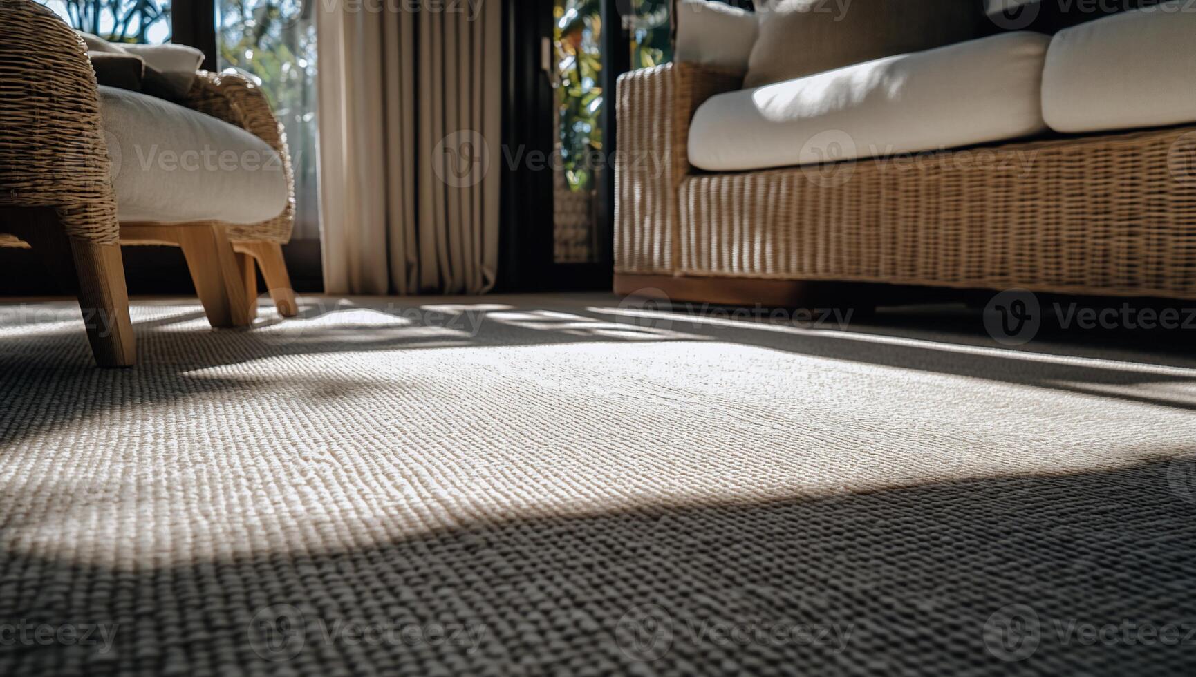 Light beige textured carpet with sunlight streaming through large windows onto the floor. Wicker armchairs and sofa visible in the background photo