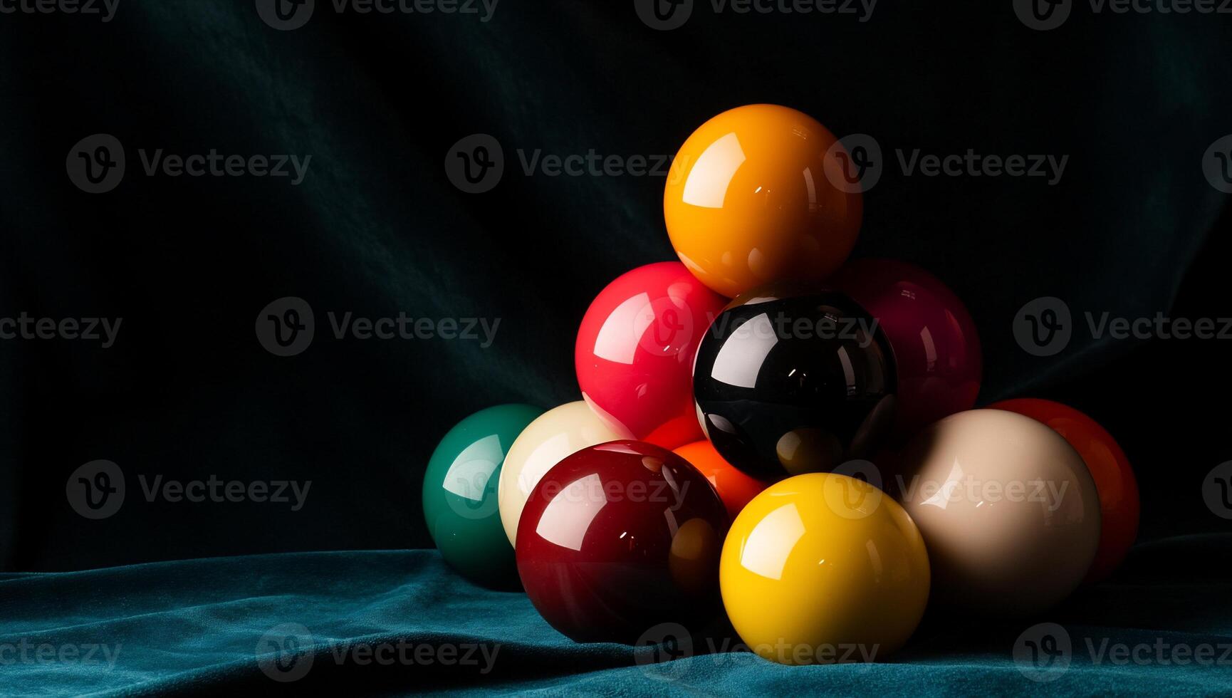 Pool balls pyramid on teal cloth photo
