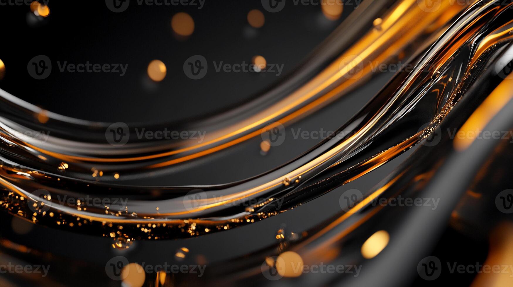 Golden liquid flowing on a dark background. Abstract dynamic waves of liquid photo