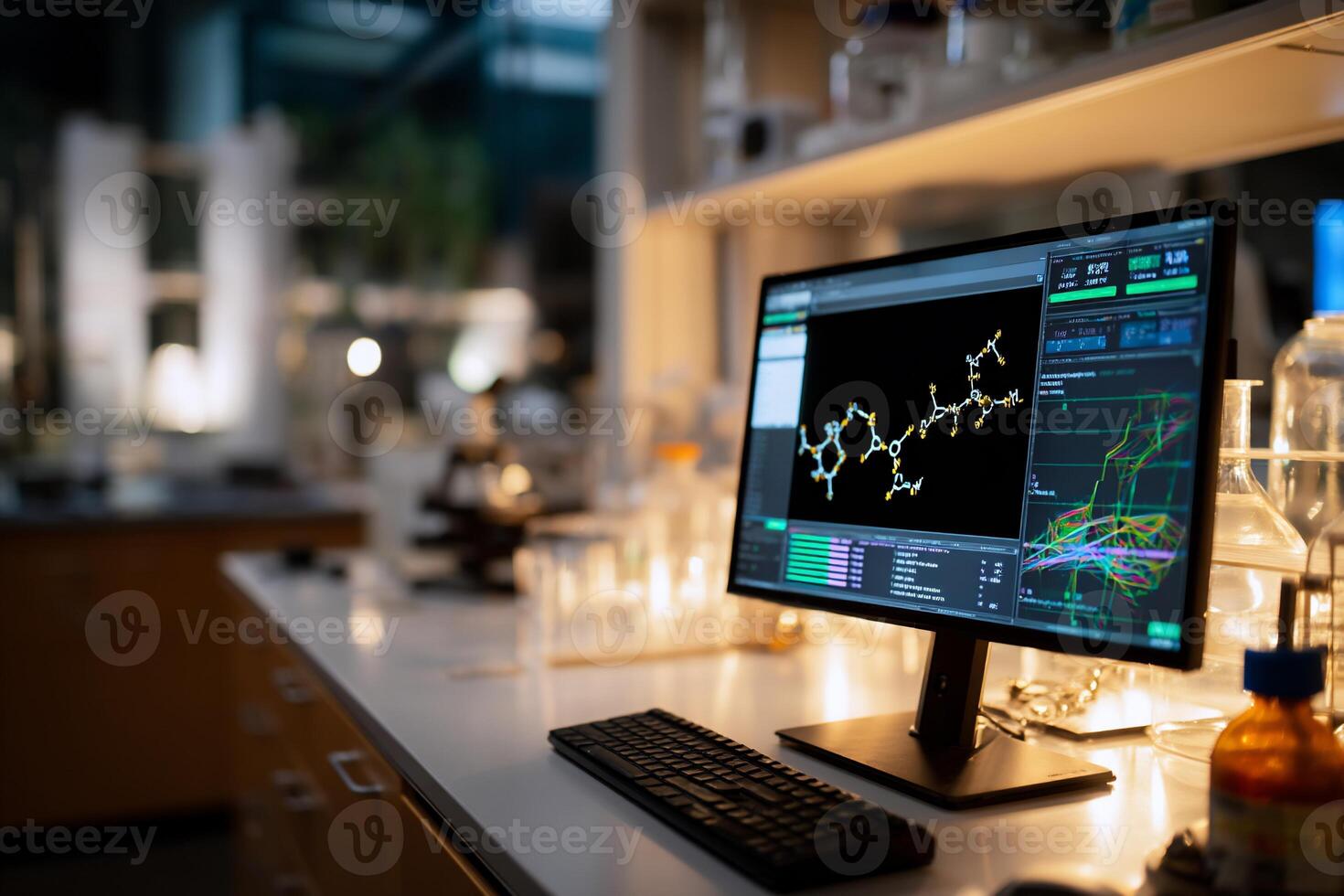 Lab computer displays chemical structure and data photo