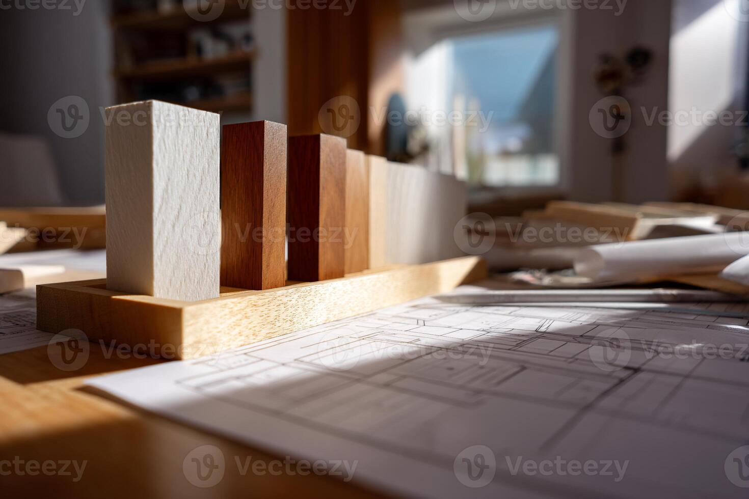 A wooden block on top of a desk with blueprints photo