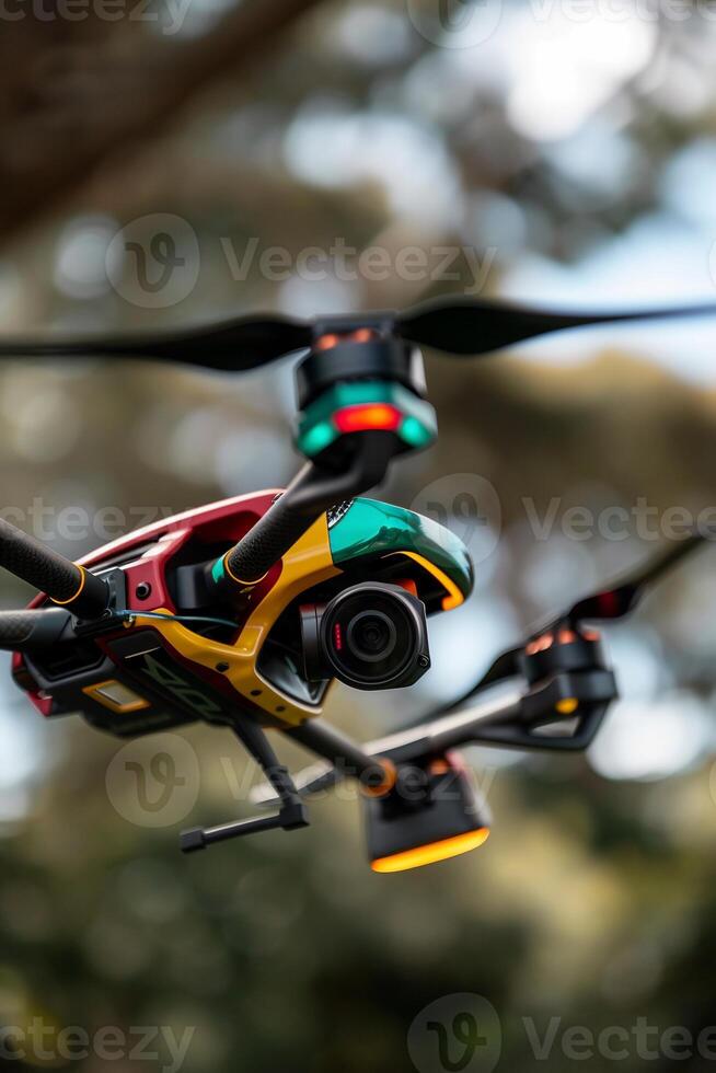 A colorful drone flying in the air photo