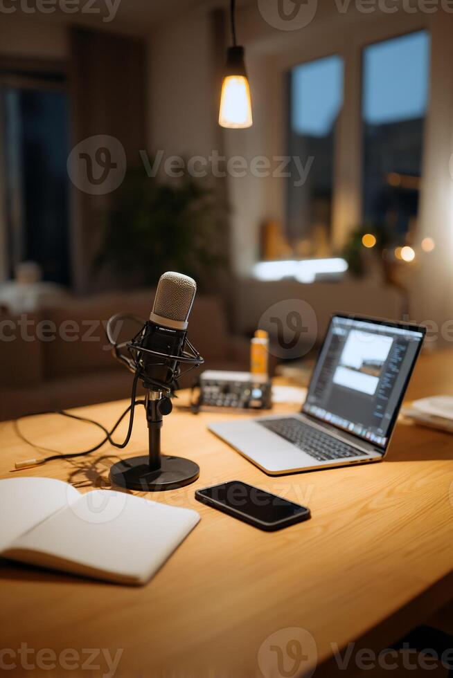 Home recording studio setup at night. Warm, inviting interior with microphone, laptop, and notepad on a wooden table photo