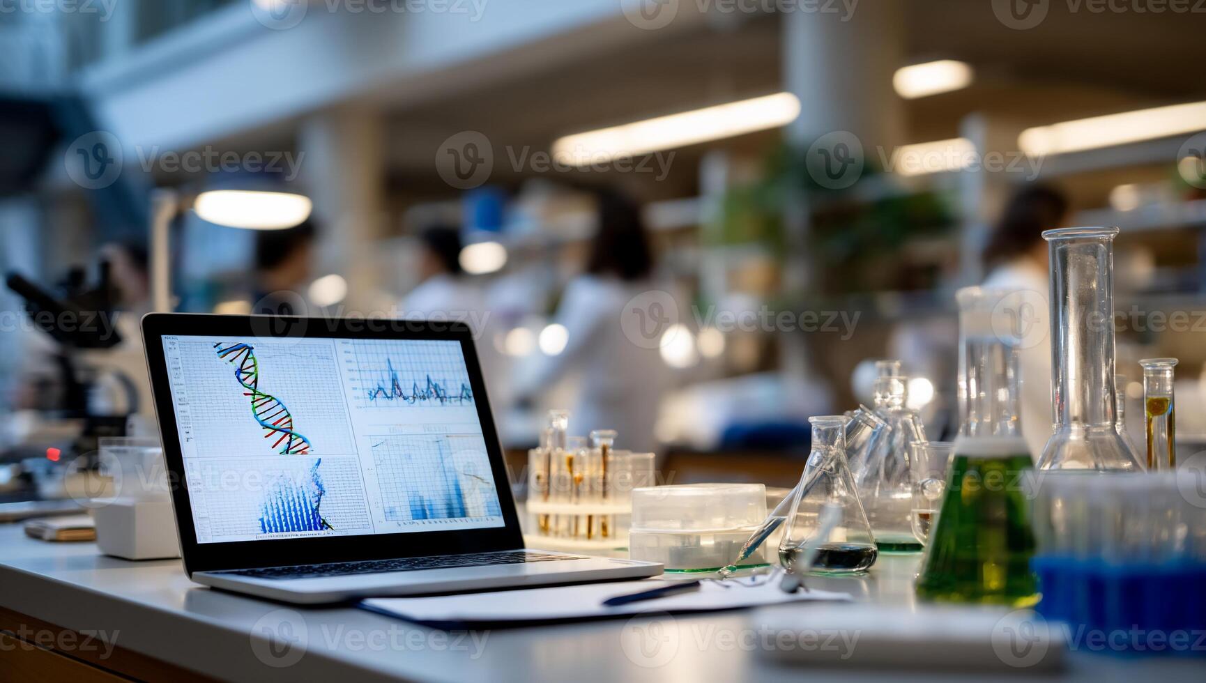 Laptop displaying DNA research data in a busy lab. Various lab equipment and people are visible in the background photo