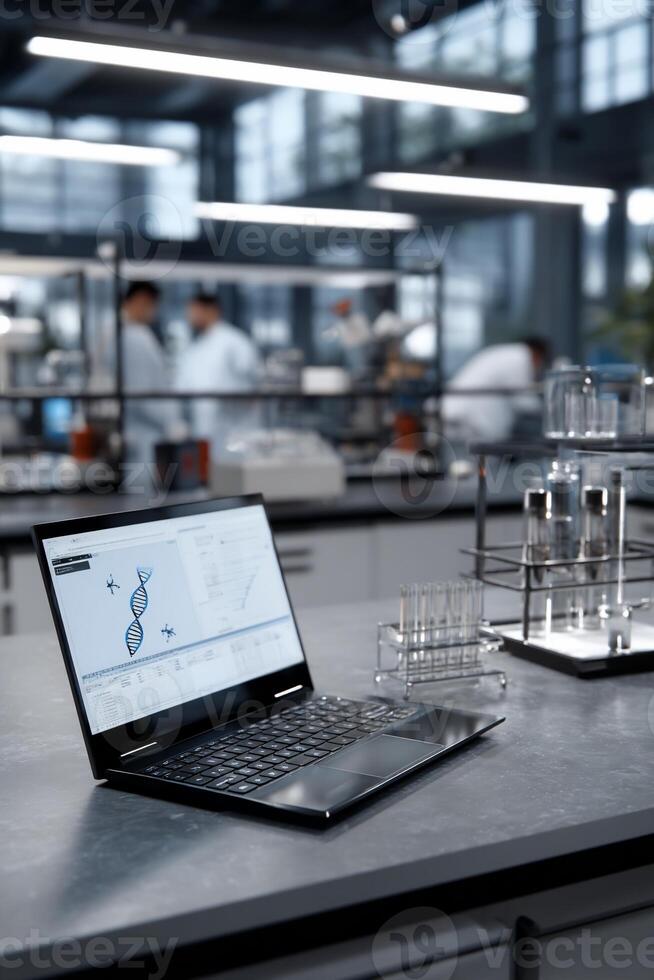 Laptop displaying DNA sequence in modern lab setting. Scientists working in the background photo