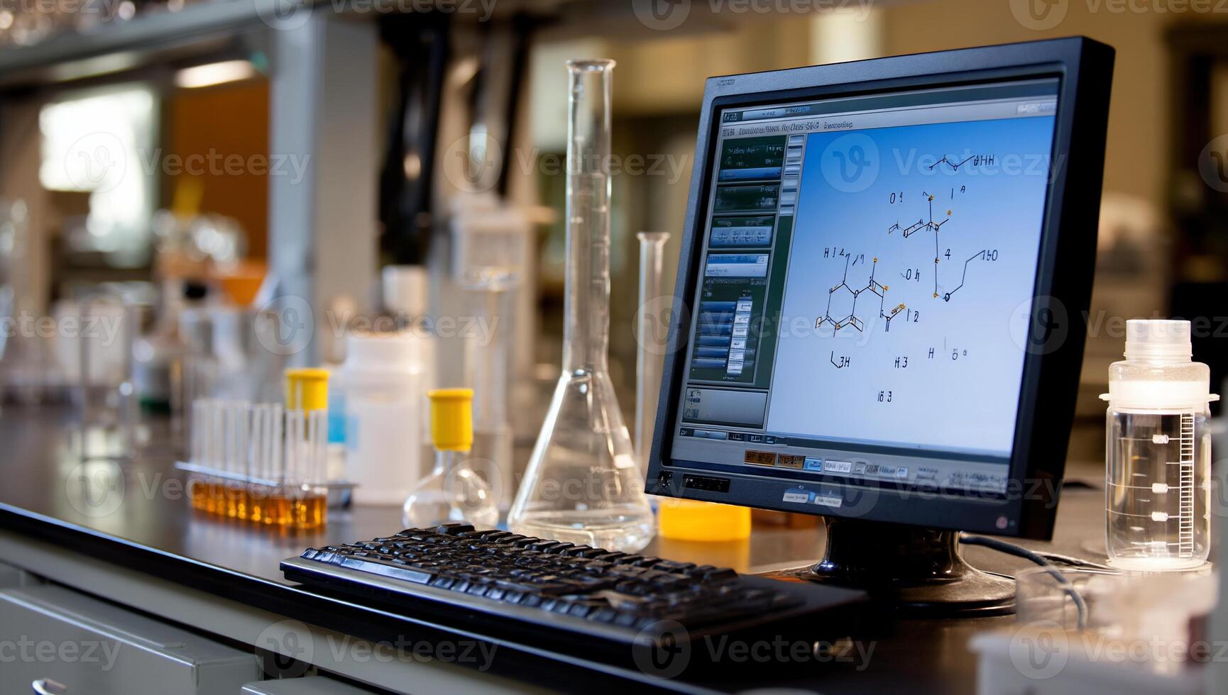 Lab bench with computer displaying chemical formula. Various glassware and test tubes are present photo