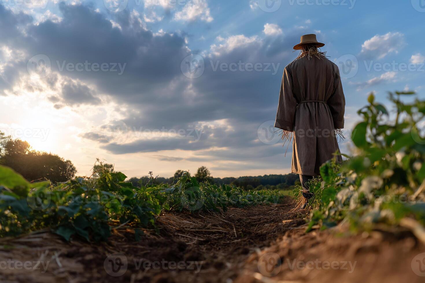 Scarecrow in a field at sunset. A straw scarecrow, back to camera, walks a dirt path through a cultivated field under a cloudy sky at sunset photo