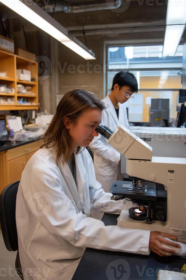 Two researchers in lab coats examine a microscope photo
