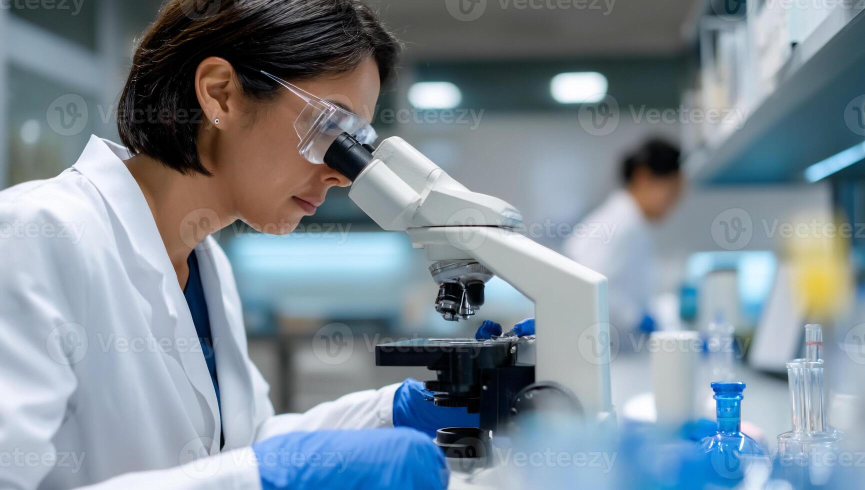 Focused scientist using microscope in lab. A female researcher intently examines a sample under a microscope in a modern laboratory setting photo