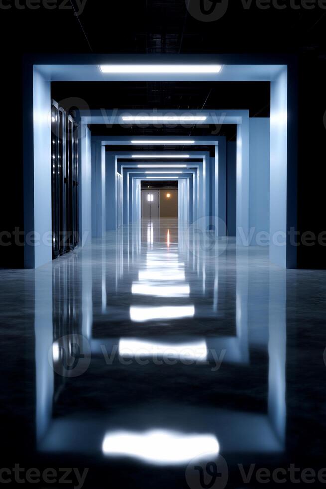 Dark server room hallway, reflecting lights photo
