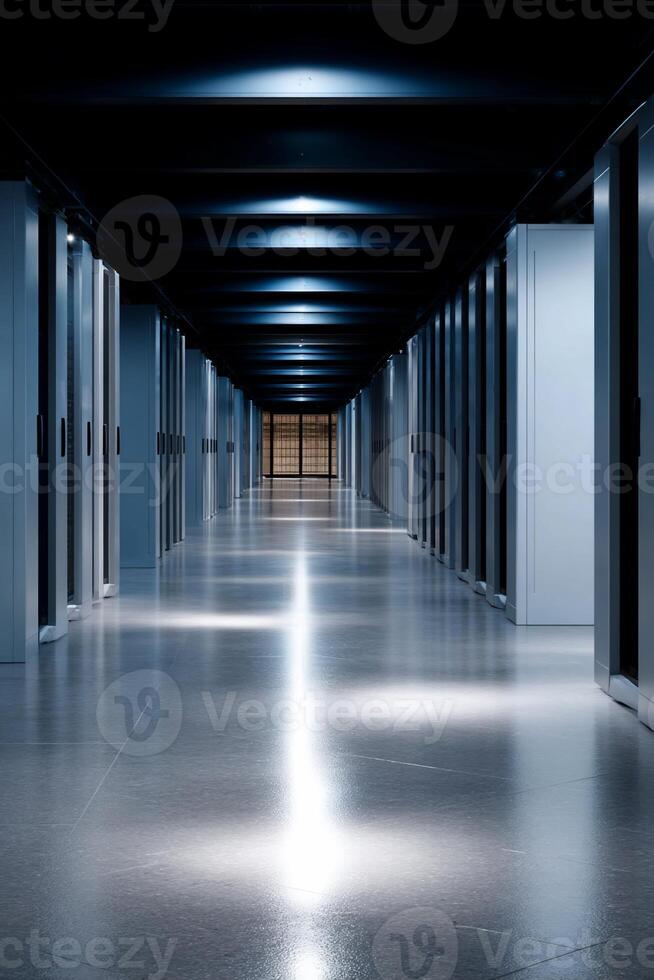 Empty, modern corridor with doors, lit by spotlights photo