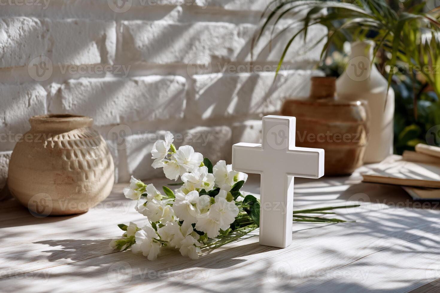 White cross and flowers on a light wooden surface, with sunlight and shadows falling on a brick wall photo