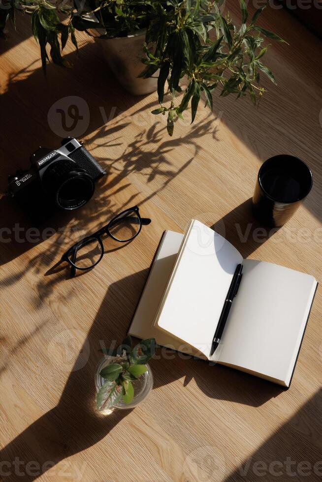 A workspace with a notebook, camera, glasses, and plants photo