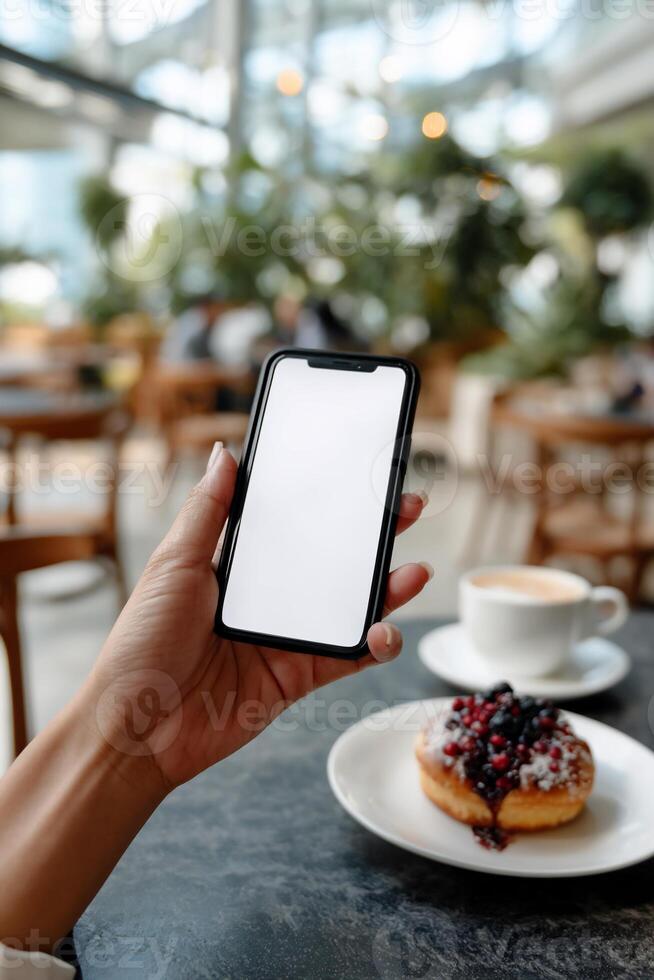 Hand holding phone with blank screen, cafe setting photo