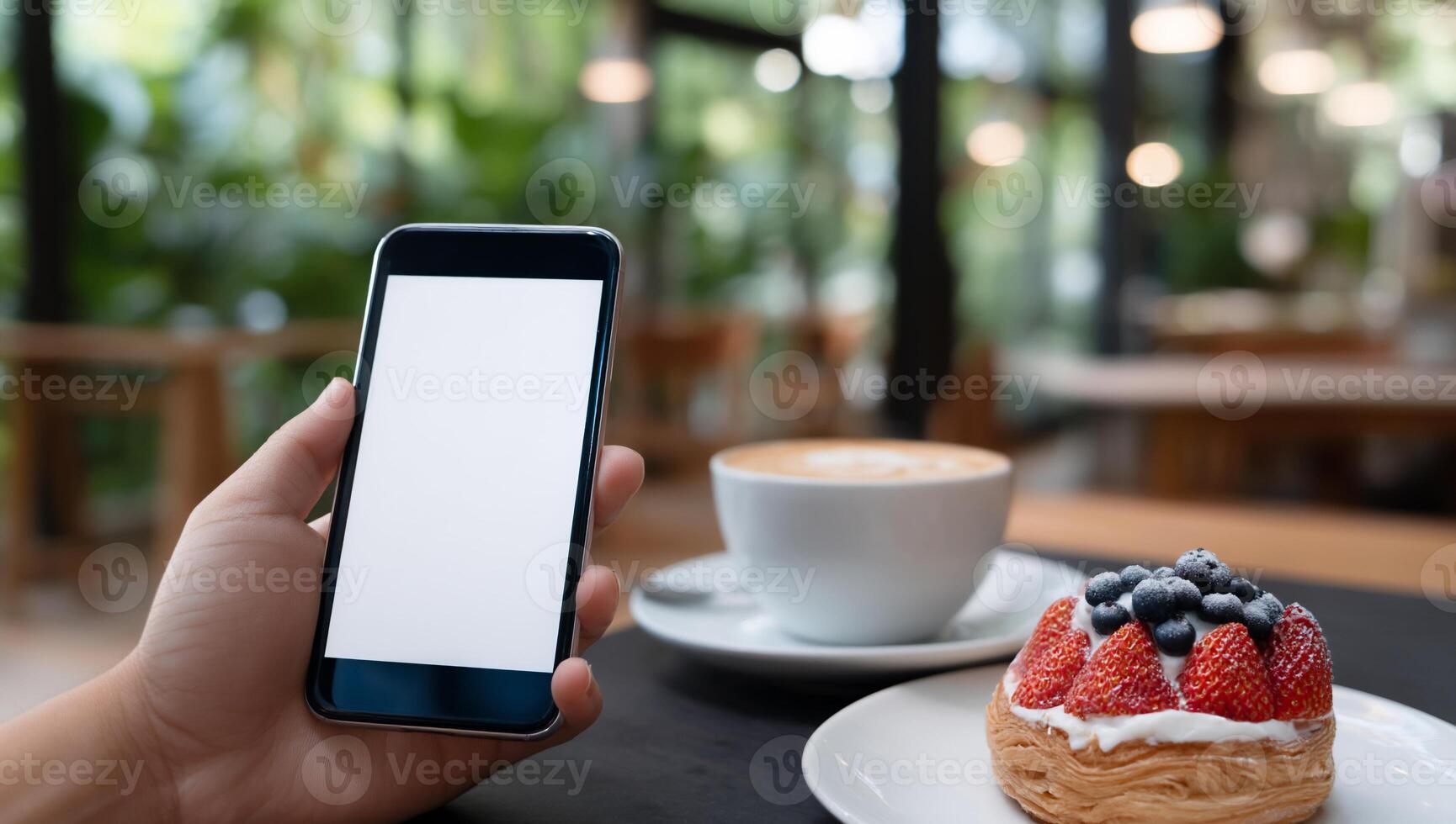 Smartphone in hand, cafe setting with coffee and pastry. Empty screen, ready for content photo