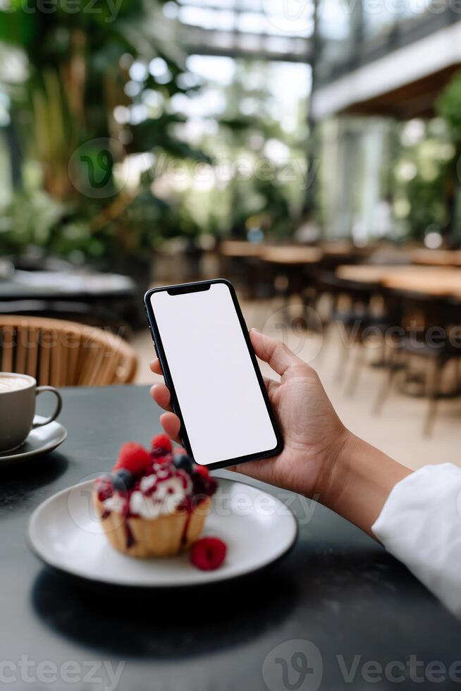 Hand holding a phone with blank screen, cafe scene in background, pastry on plate photo