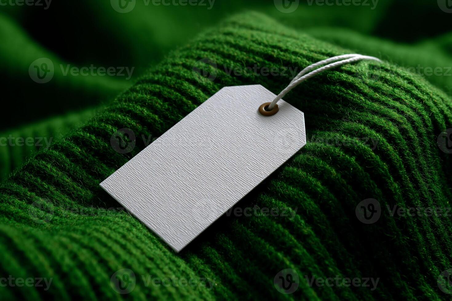 A white tag on a green sweater photo
