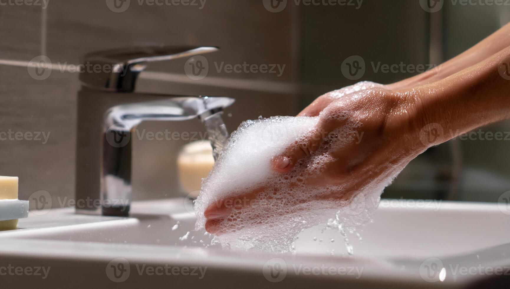 Hands washing with soap and water in a bathroom sink photo