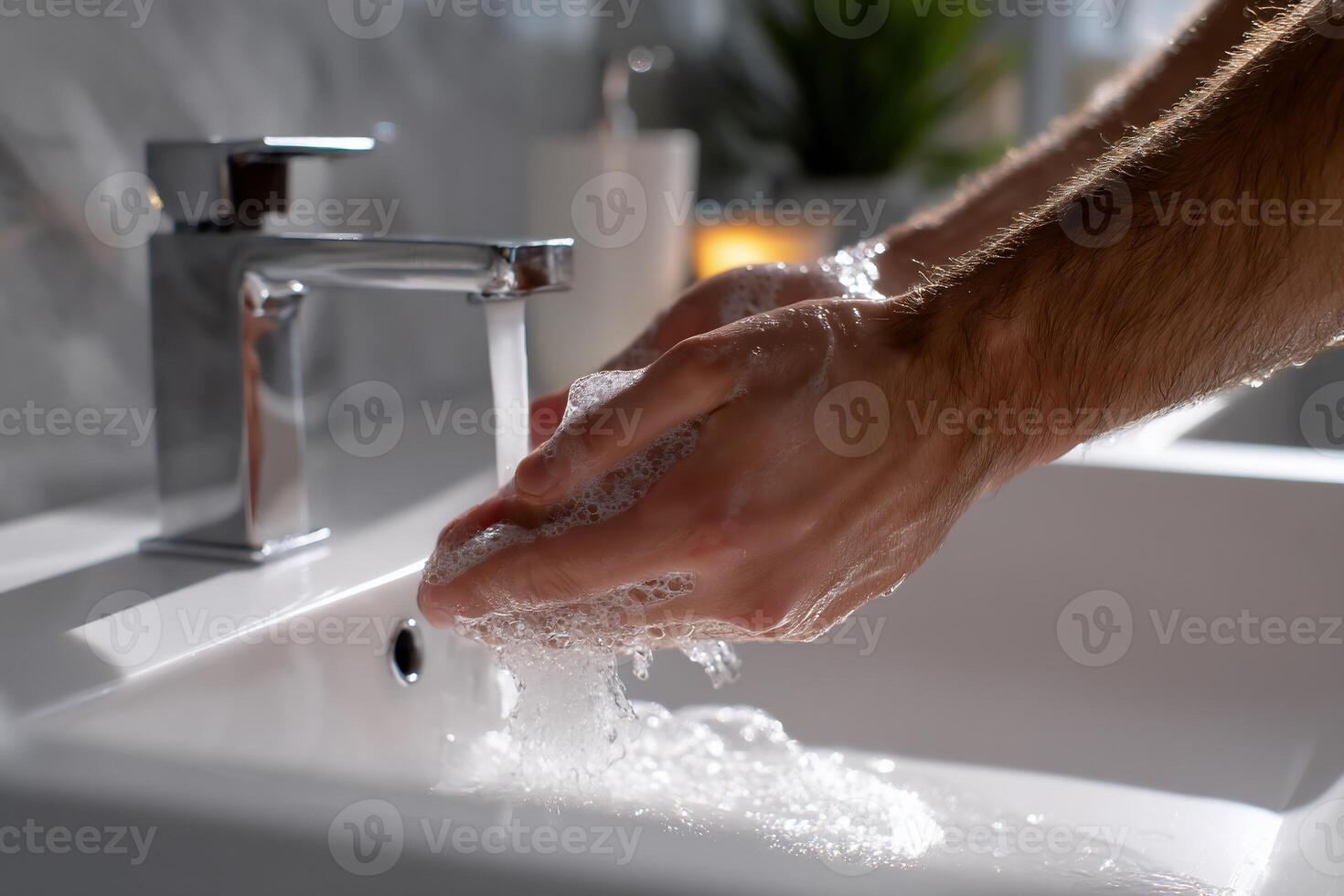 Washing hands with soap and water in a modern bathroom sink. Close-up view of hands covered in soapy foam, flowing water, and a contemporary faucet photo