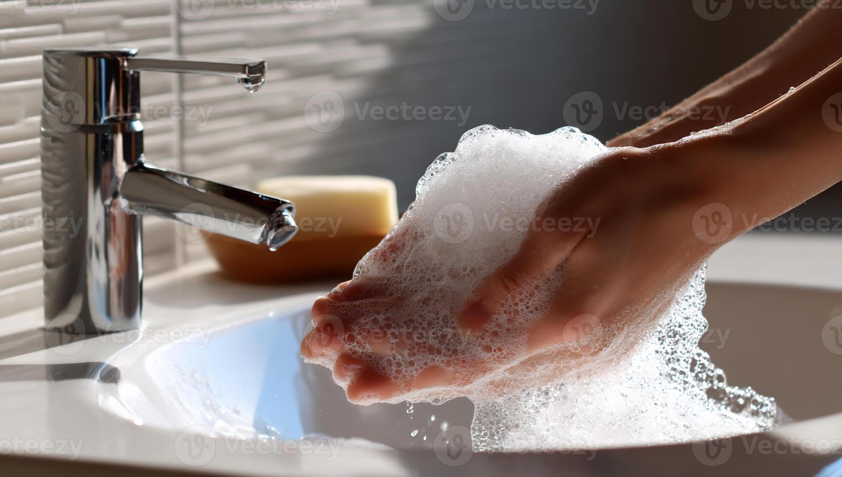 Hands lathered in sudsy soap, clean hygiene photo