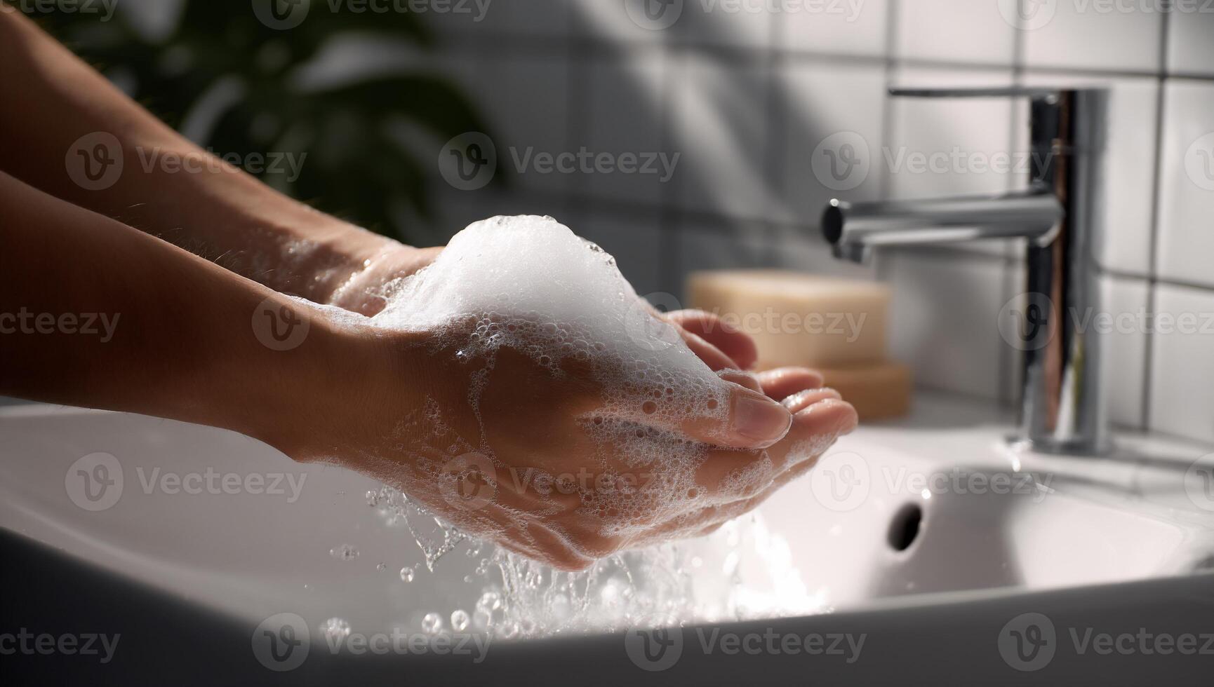 Hands washing with soap suds under running water in a bathroom sink. Close-up photo