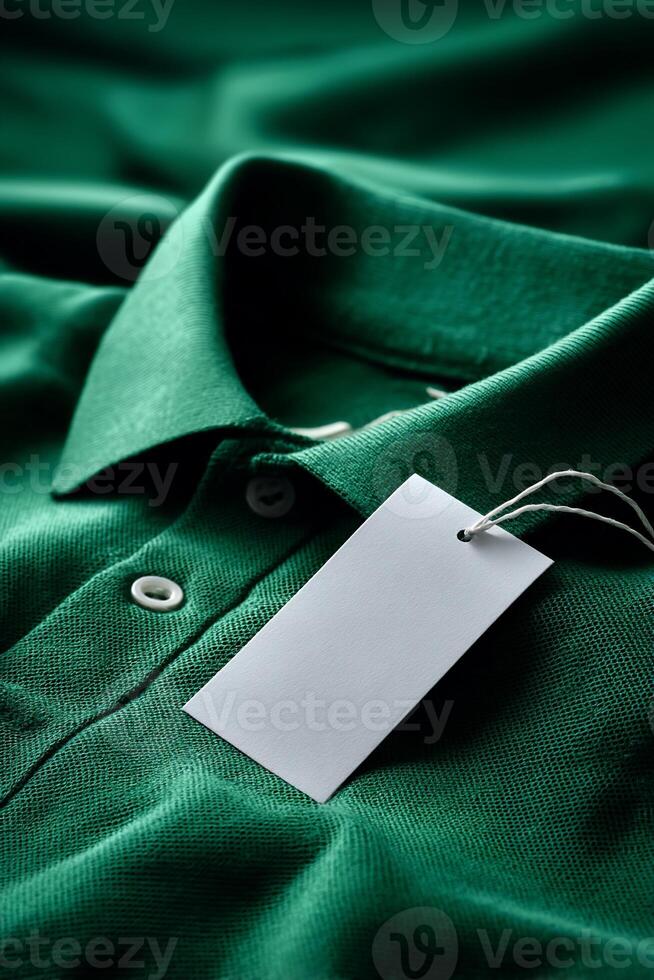 A green polo shirt with a white tag on it photo