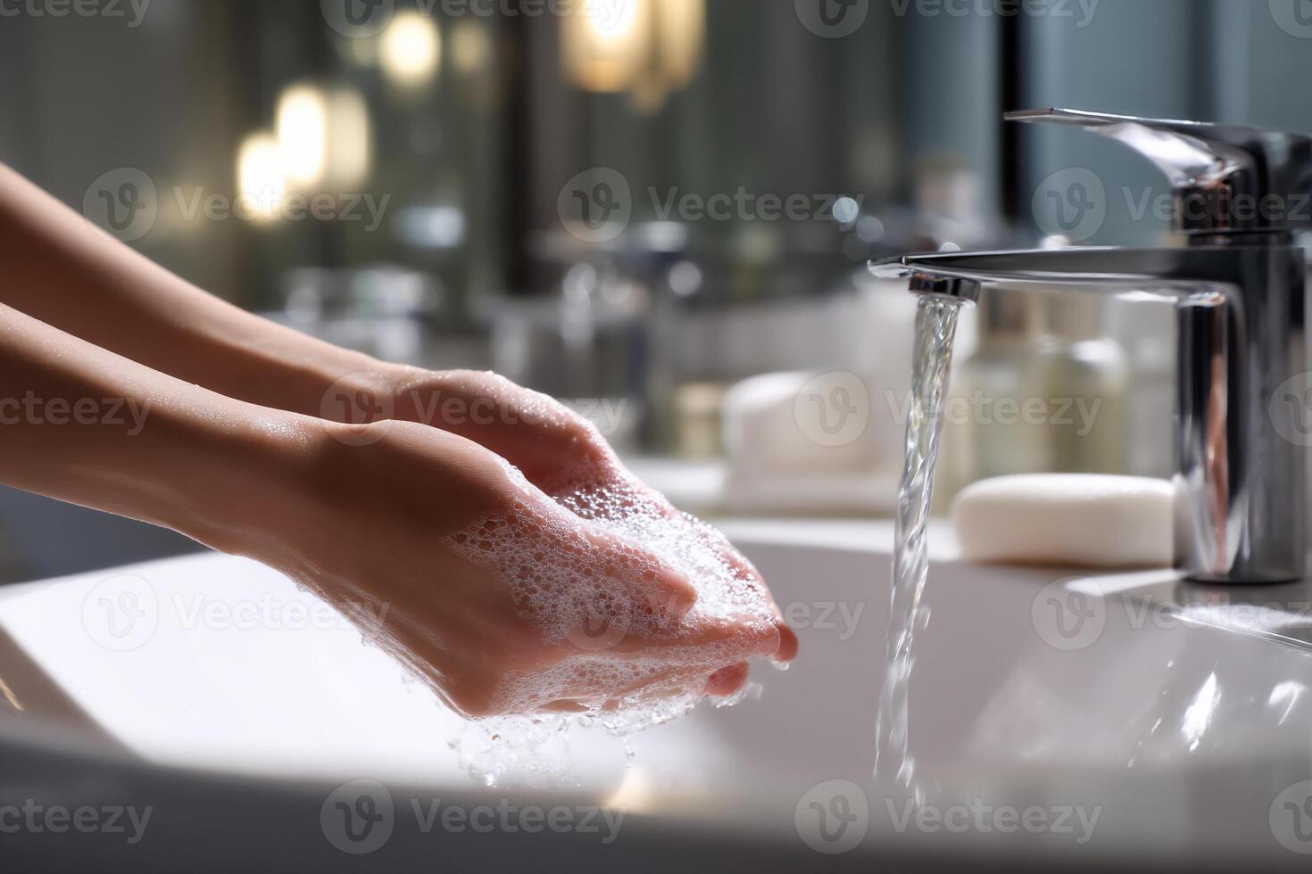 Hands washing with soapy water over a sink. Close-up of foaming hands under running water photo