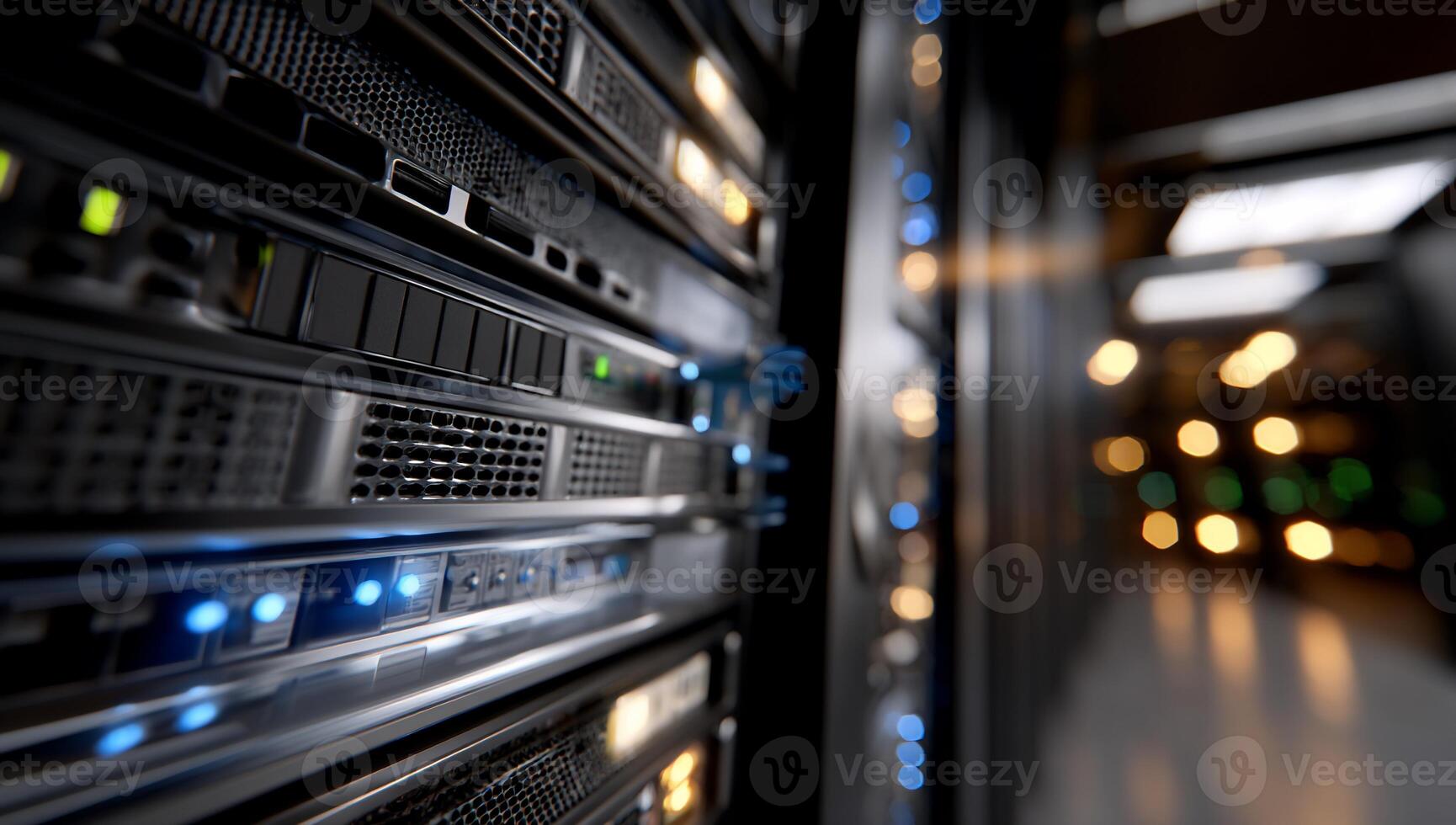 A close up of a server rack with lights on photo