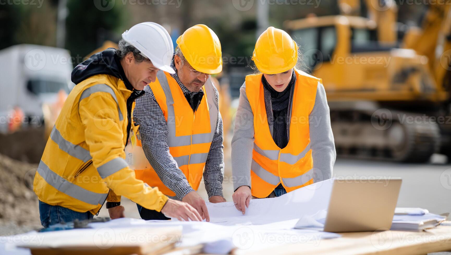 Construction team reviews blueprints outdoors. Team of engineers examining plans on a wooden table, with a heavy equipment in the background photo