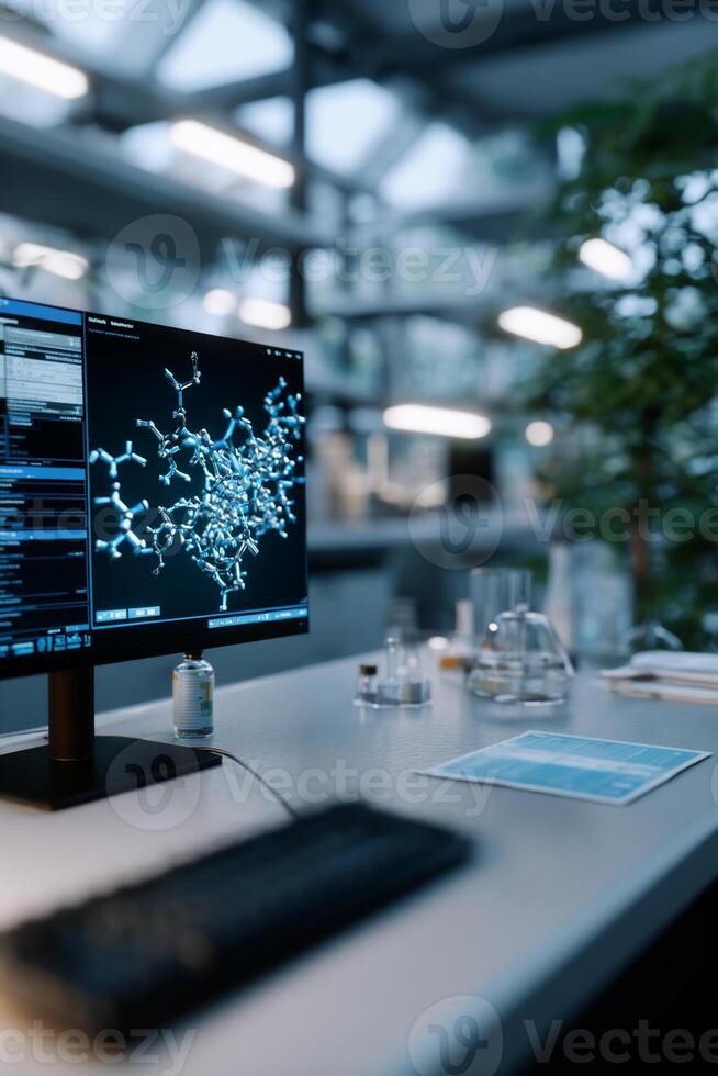 Modern lab workspace with computer displaying complex molecular structure photo