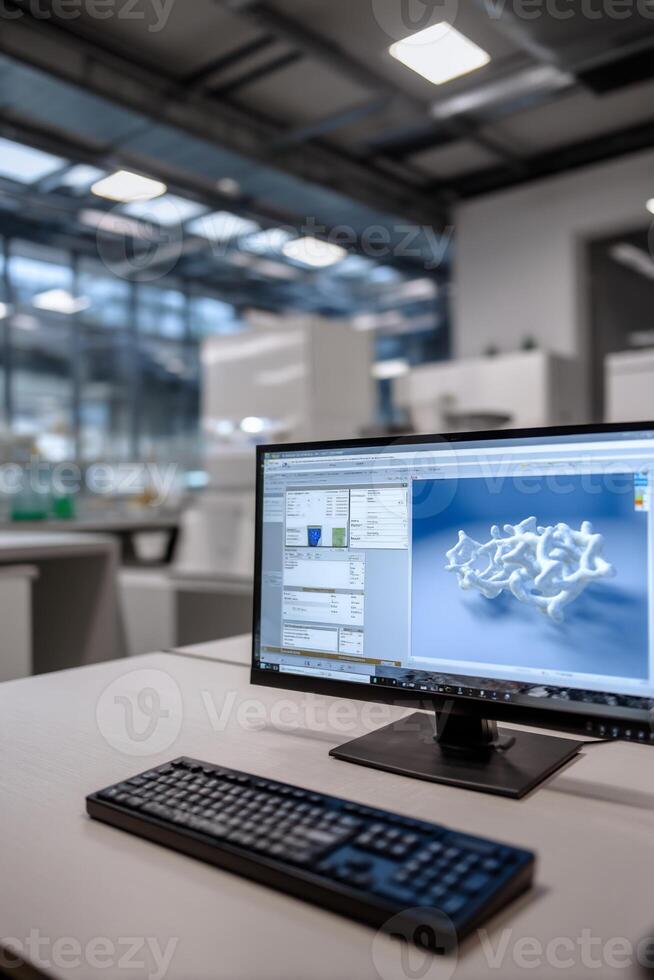 Modern computer workstation in a bright, industrial-style lab, featuring 3D design software on the screen photo