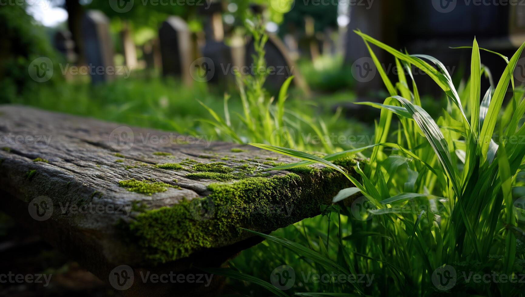 Weathered bench in a graveyard, overgrown with moss and surrounded by vibrant green grass photo