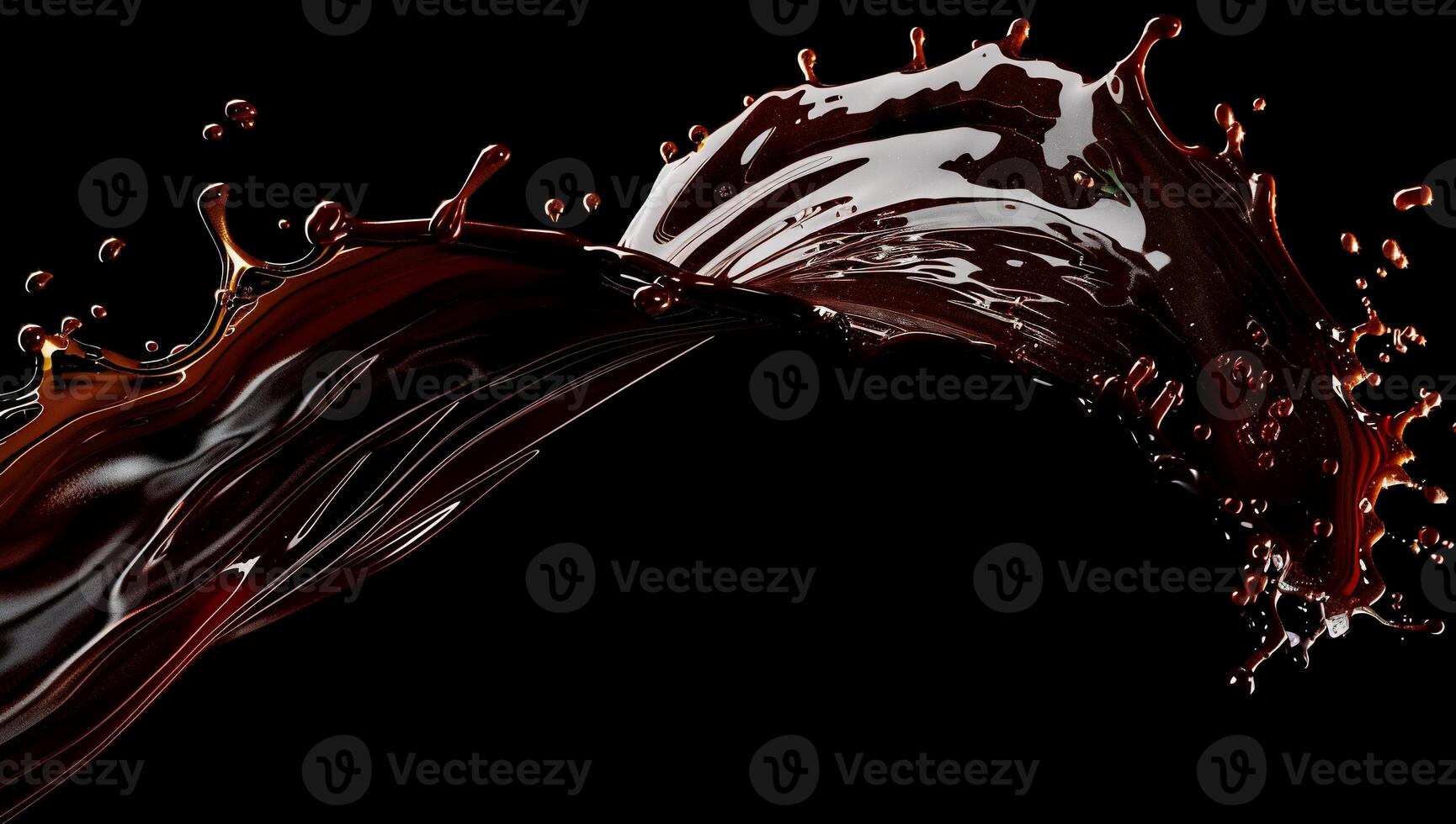 Dark, rich liquid splash, swirling in graceful arc against a black background. Detailed liquid curves and droplets photo