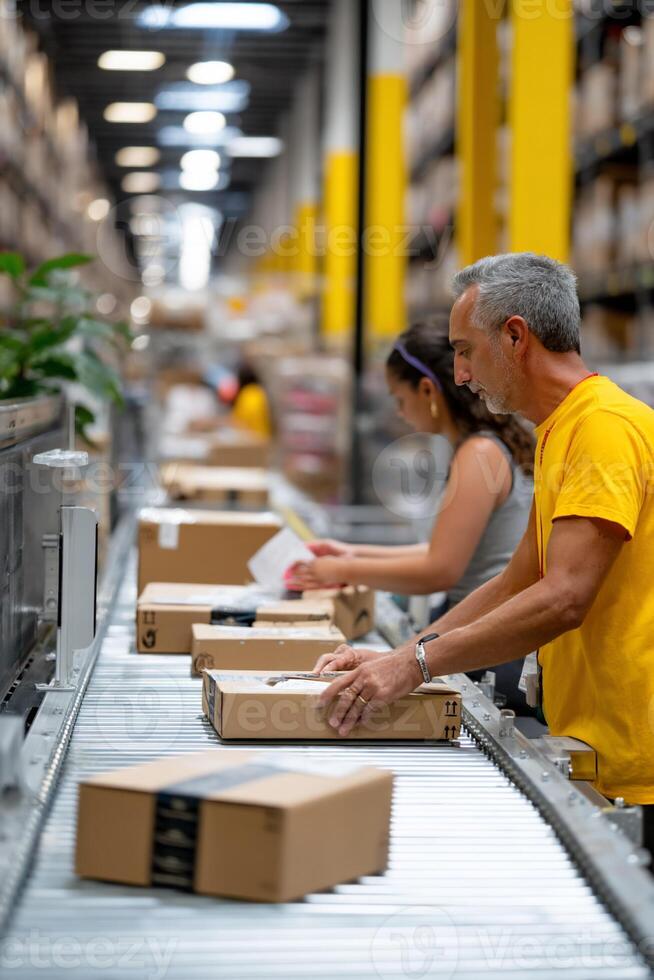Amazon fulfillment center workers packing boxes photo