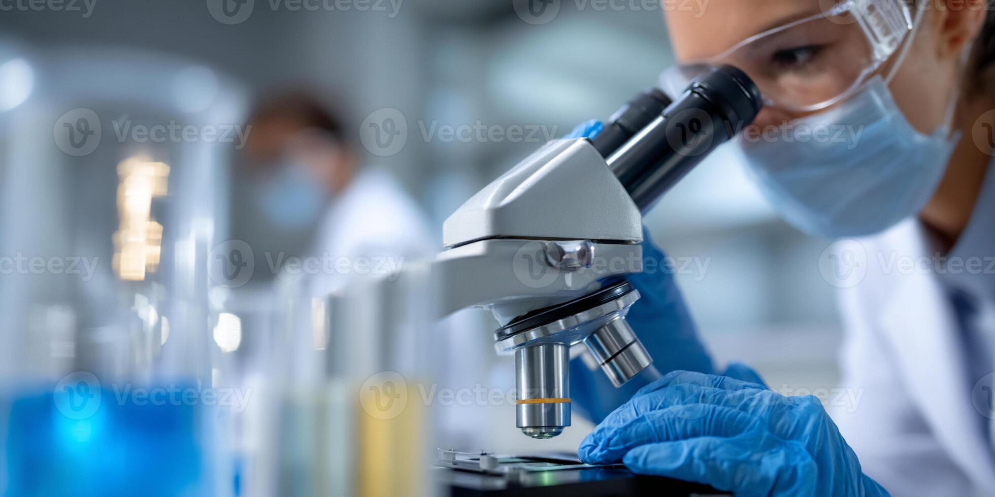 Scientist uses microscope in lab photo
