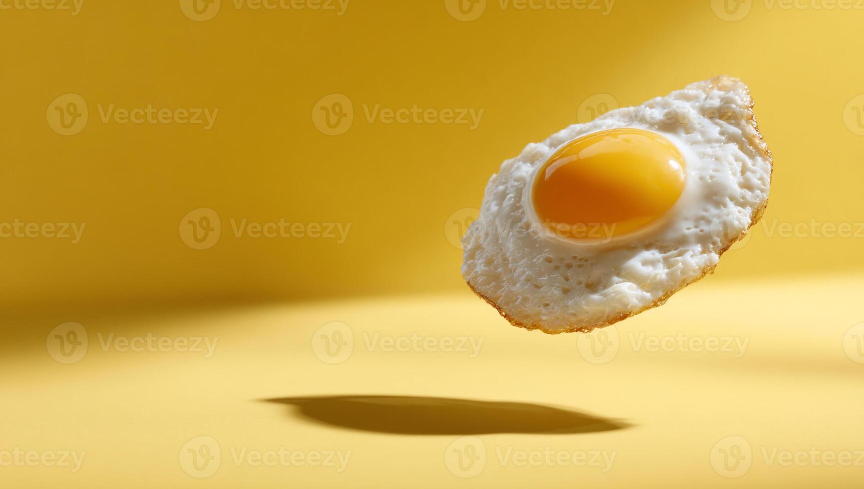 Fried egg, slightly browned, floating in air against a mustard yellow backdrop. Visibly cooked yolk photo