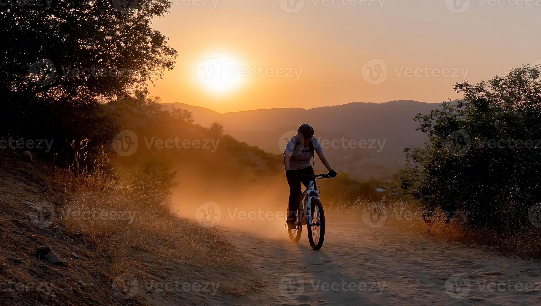 Silhouette of cyclist on dusty trail at sunset. Golden light illuminates the scene as a person rides a bike through a hillside path photo