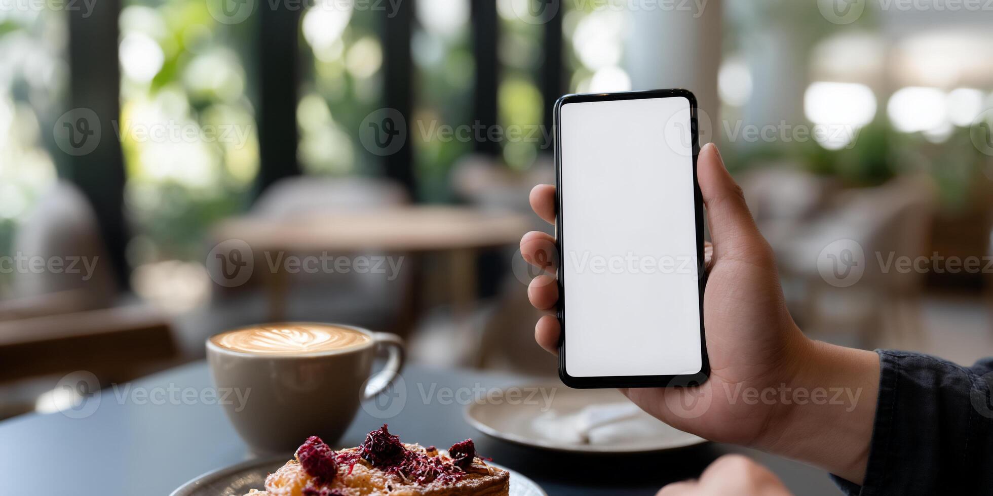 Smartphone held in hand at cafe, with pastry and coffee photo