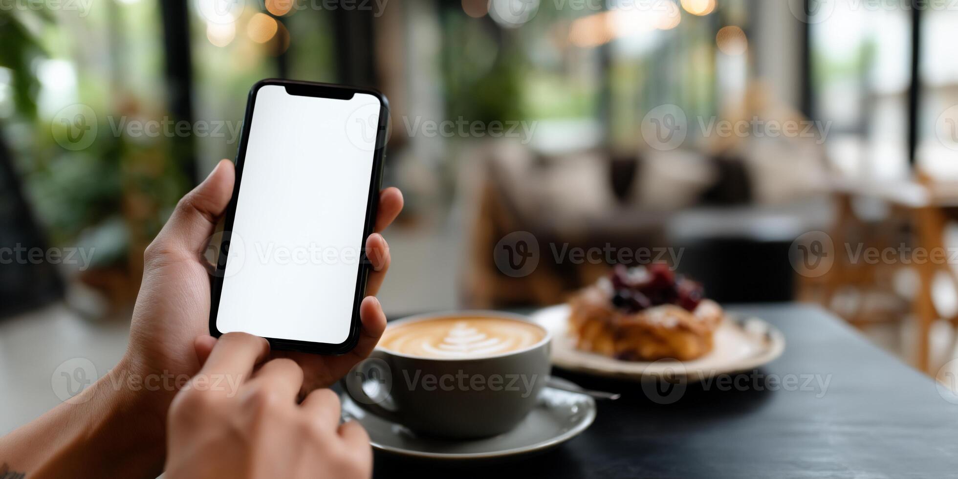 Person using phone in cafe, coffee and pastry nearby photo
